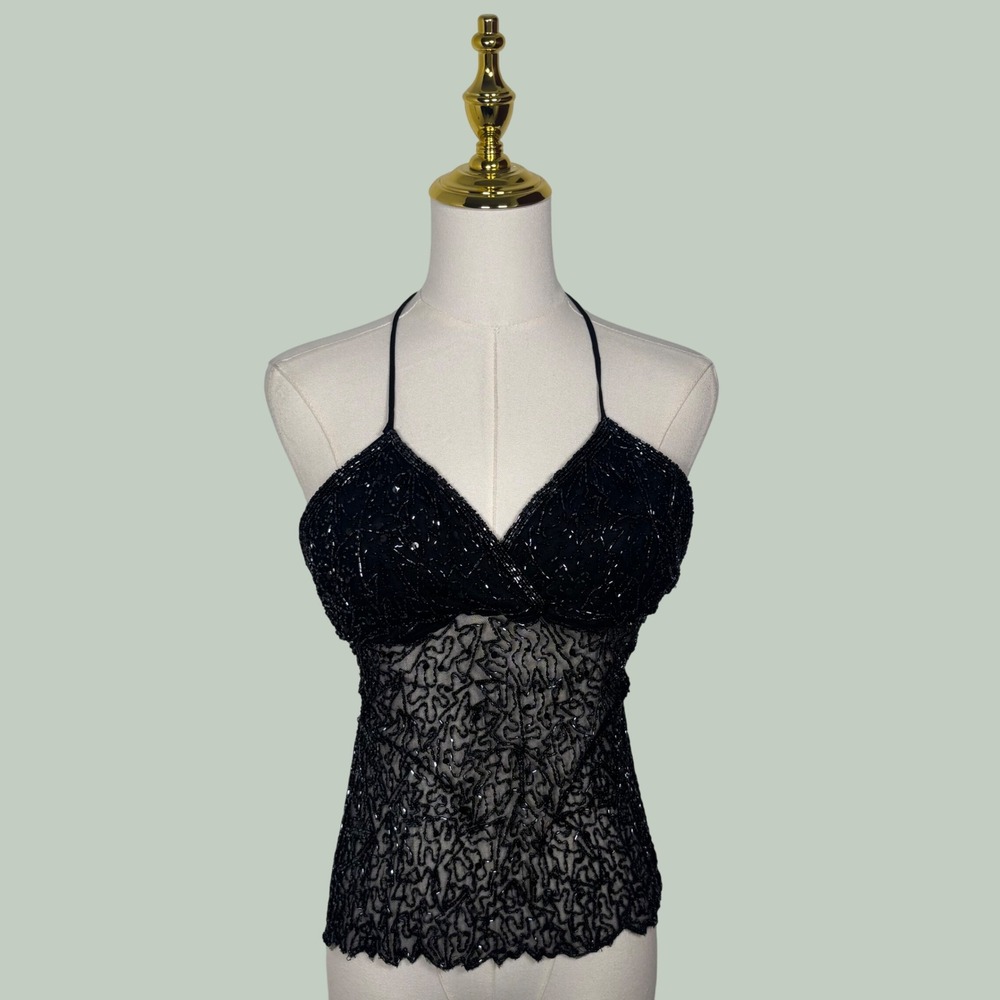 vintage late 90s passport Y2K black beaded sequin mesh top strap coquette goth